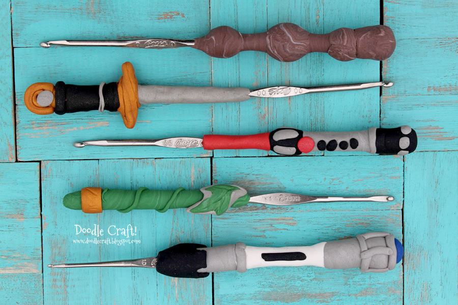 geeky crochet hooks oven bake clay sculpey fimo lord of the rings sonic screwdriver doctor who LOTR one ring lightsaber star wars excalibur merlin king arthur elder wand harry potter dumbledore geekery nerd (7).JPG