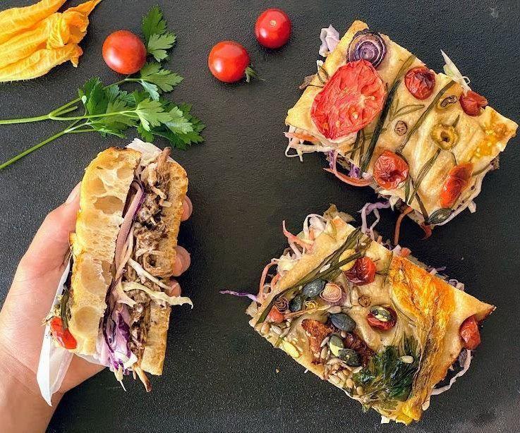 Spicy Pulled Pork, Coleslaw, Gardenscape Focaccia