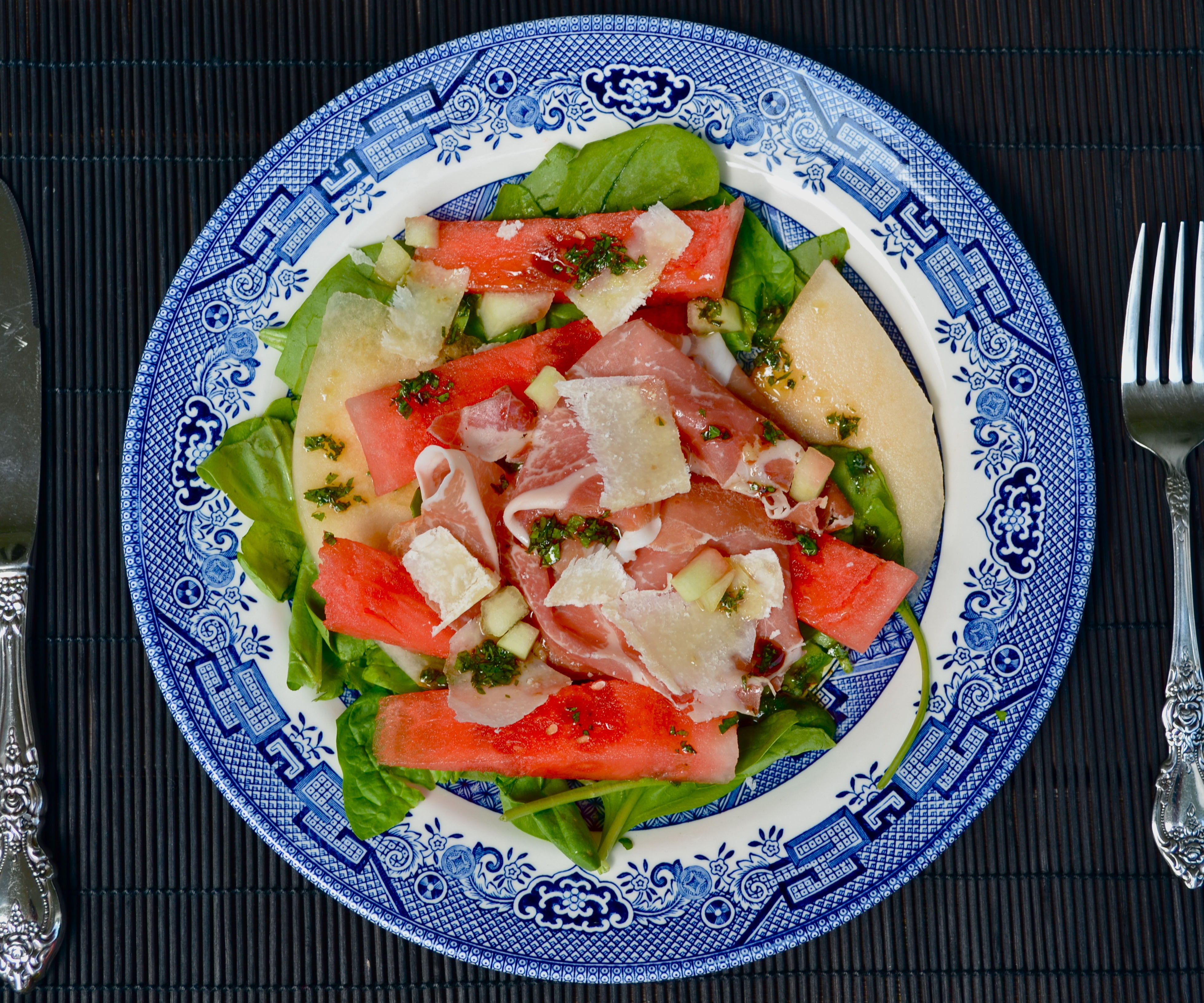 Watermelon Salad With Parma Ham, Quick Pickled Watermelon Rind and Parmigiano-Reggiano 