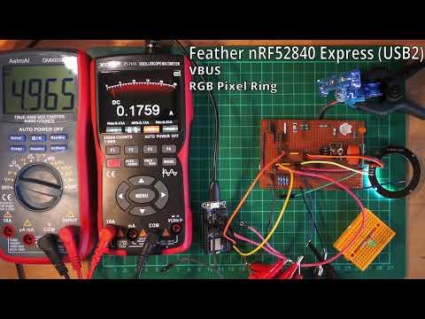 Adafruit Feather nRF52840 Express powering test with LEDs, MQ-3 gas sensor and servo using USB2 port