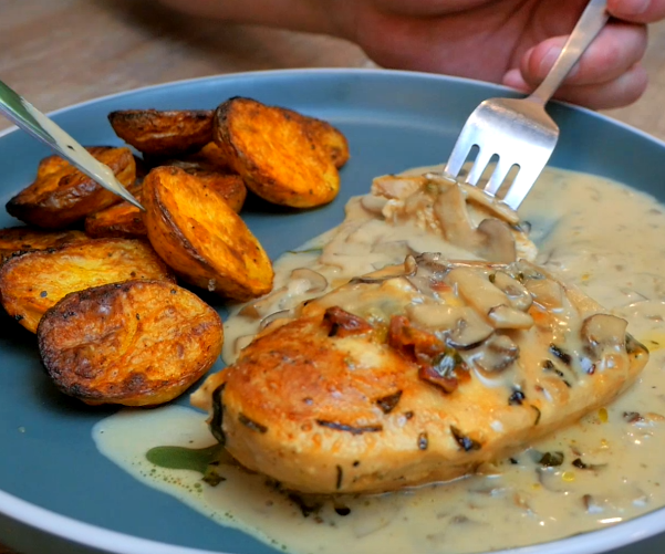 Easy Stuffed Chicken Breasts With Potatoes and Mushroom Gravy