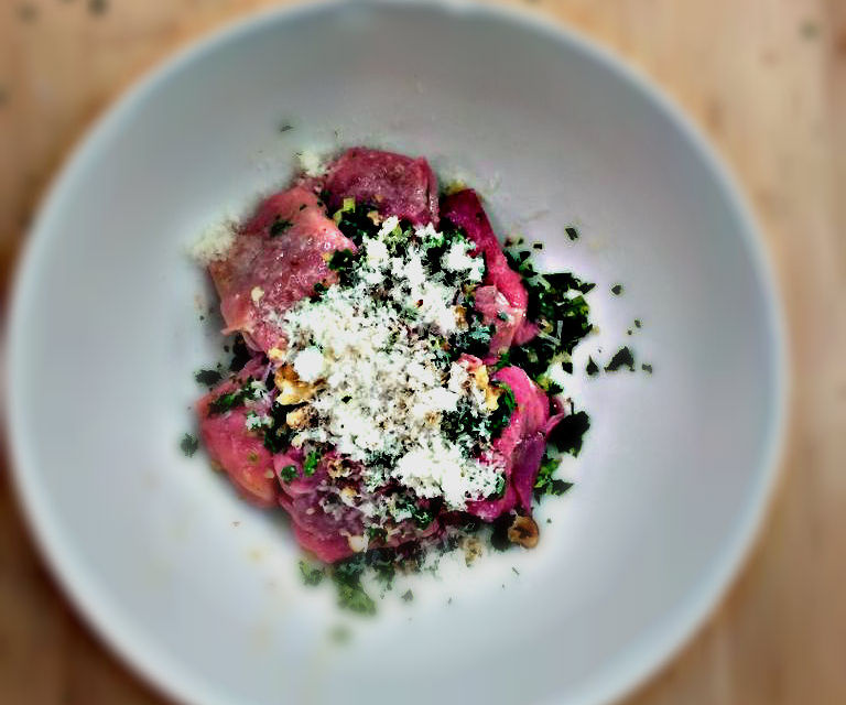 Beet-Colored Cappalletti W/t Goat Cheese, Chives and Lemon Zest